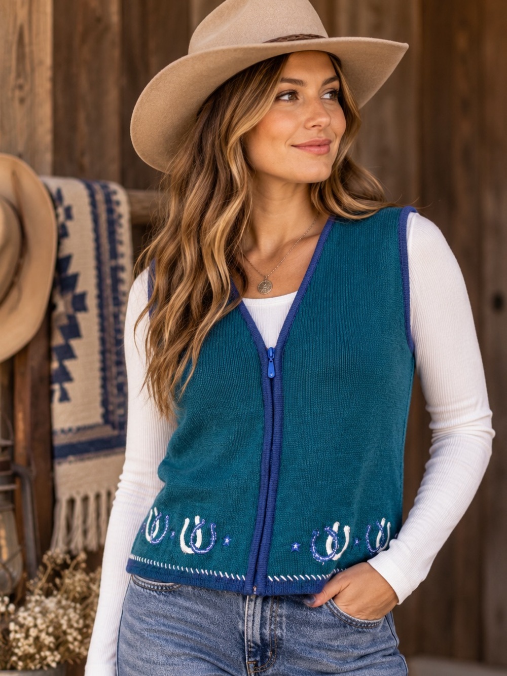 Vintage Shyanne Collection Western Horseshoe Embroidered Knit Vest Teal Blue L